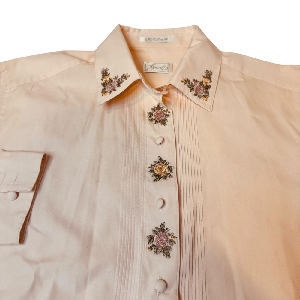 Foxcroft Women's Pink Peach Embroidered Floral Collared Button Up Shirt Size 16‎ - Picture 2 of 6